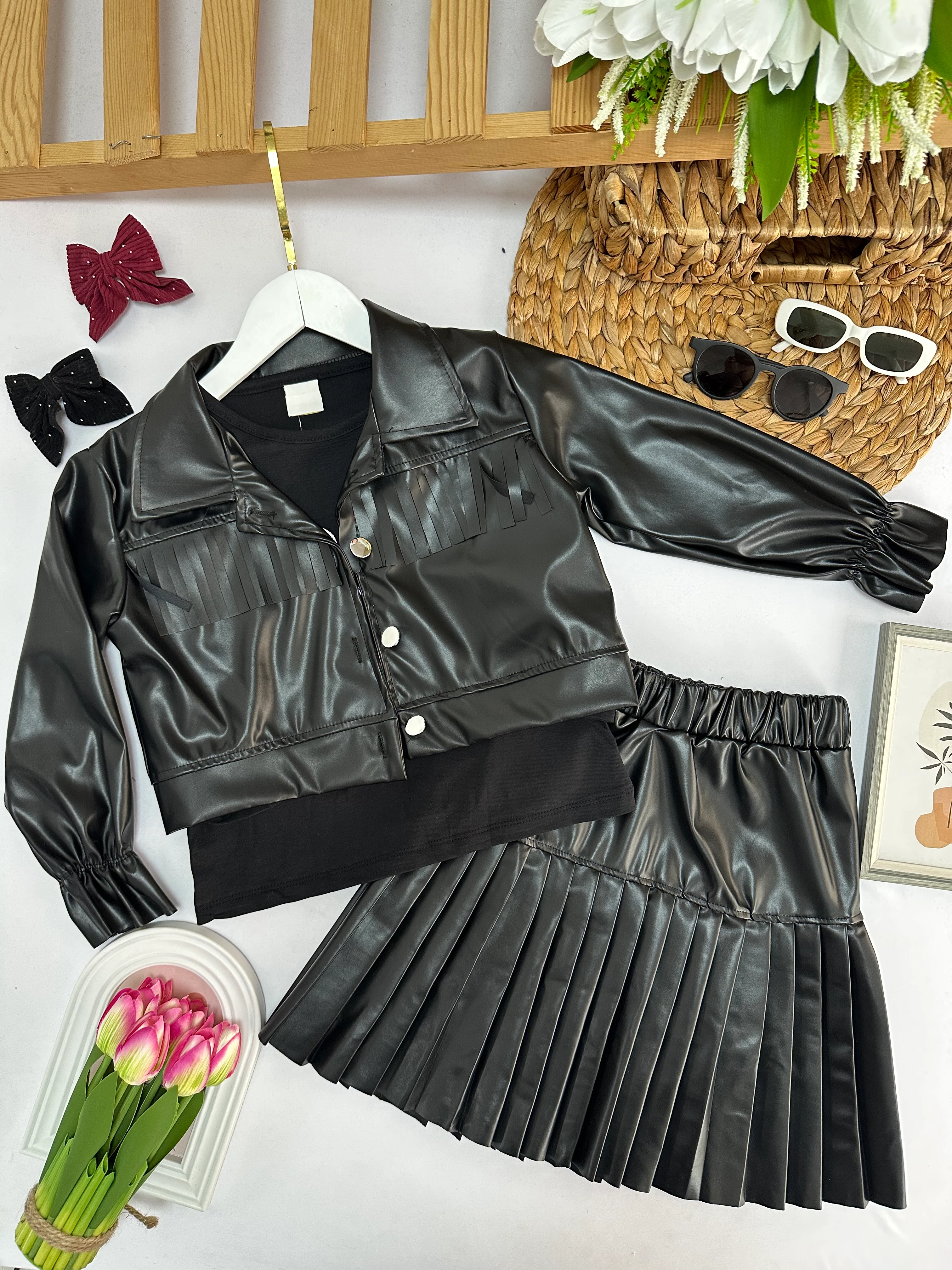 Kız Çocuk Siyah 3'lü Deri Takım