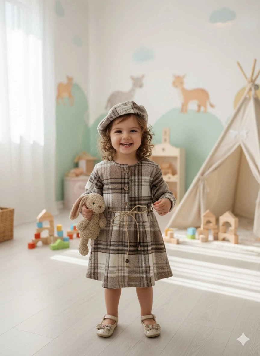 Kız Çoçuk Kahve Ekose Desenli Şapkalı Elbise