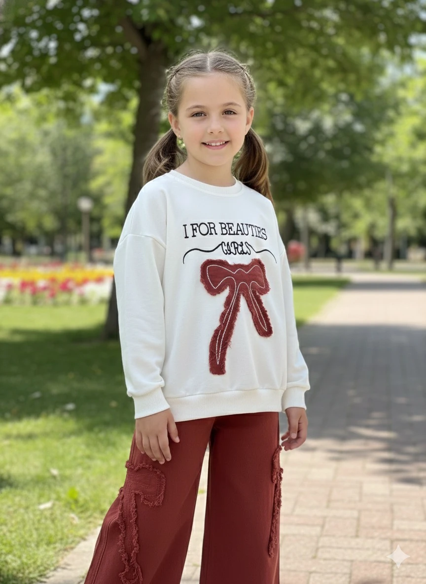 Kız Çocuk Kiremit Kurdele Pantolonlu Takım