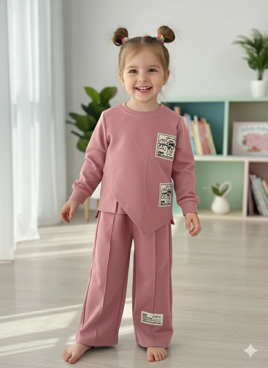 Kız Çocuk Pembe Ayıcık Yan Kesim Desenli Takım