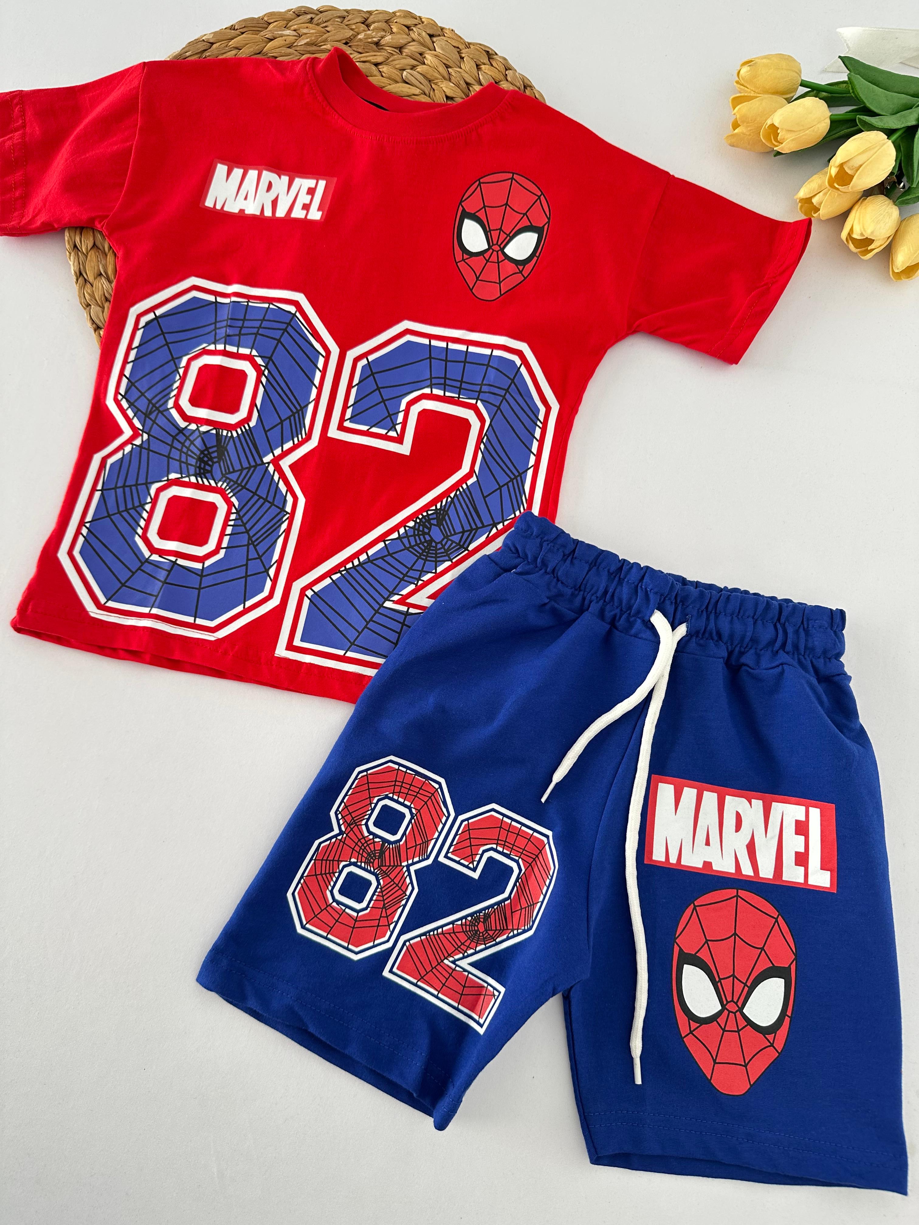 Erkek Çocuk Kırmızı Mavi Marvel Şortlu Takım
