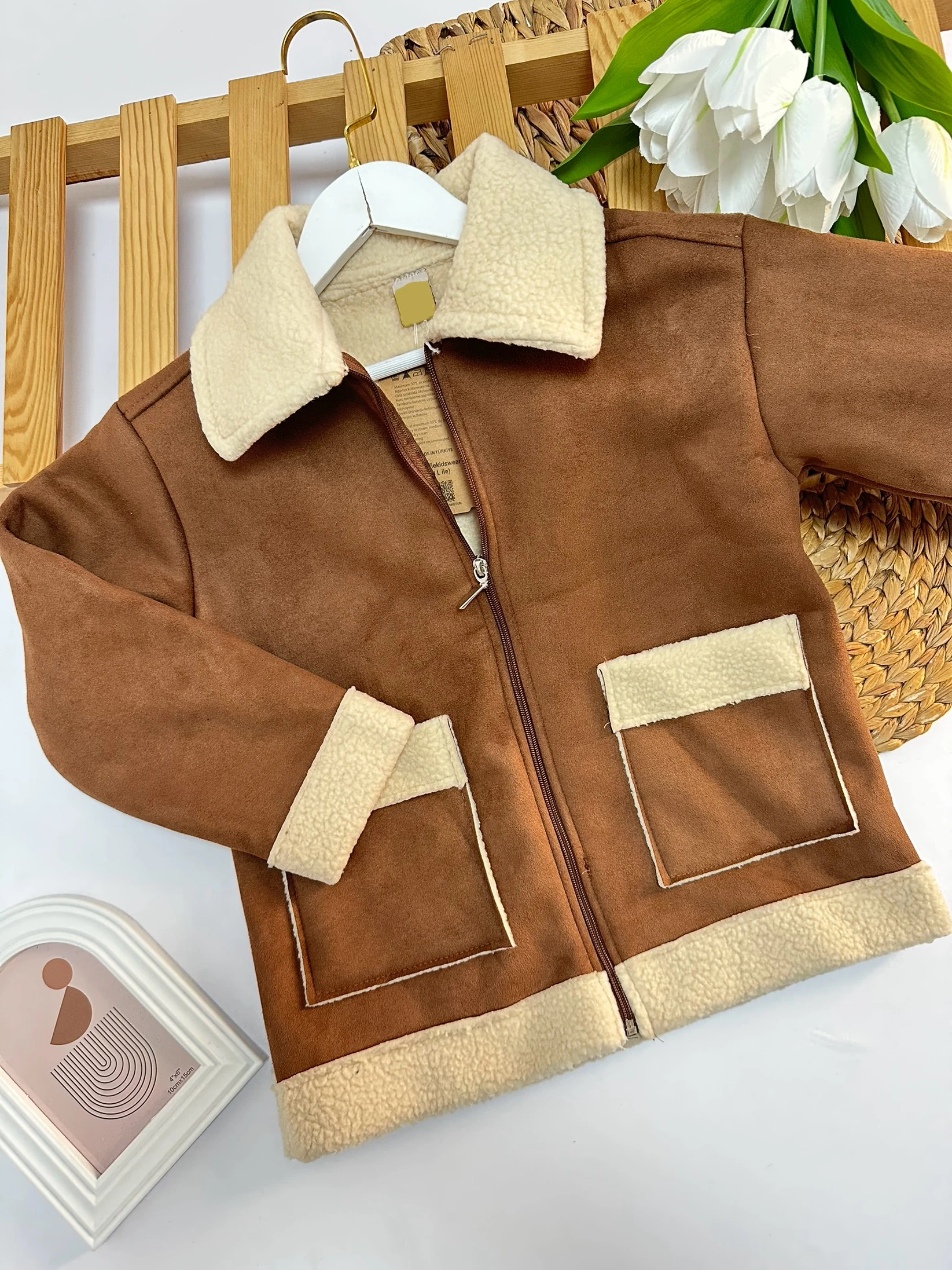 Erkek Çocuk Açık Kahve İçi Yünlü Süet Mont