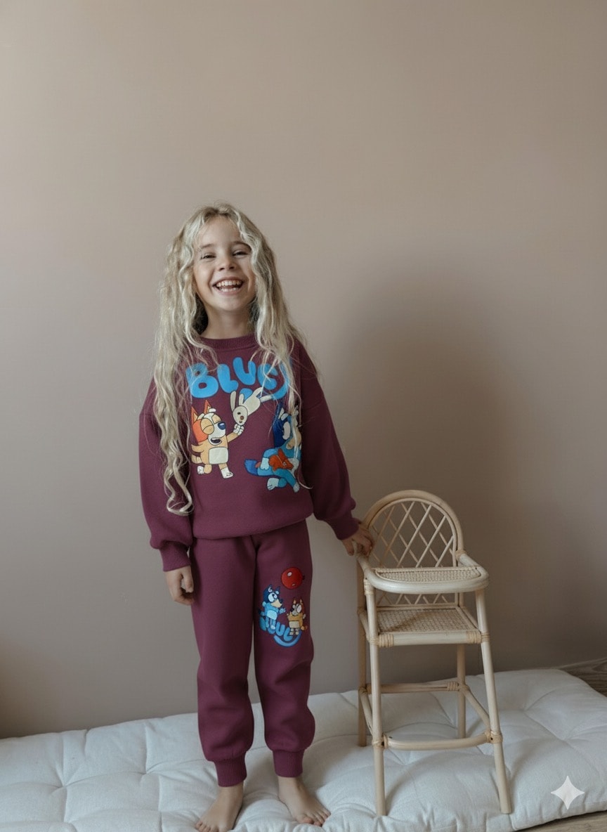 Kız Çocuk Mürdüm Bluey Desenli 2'li Takım