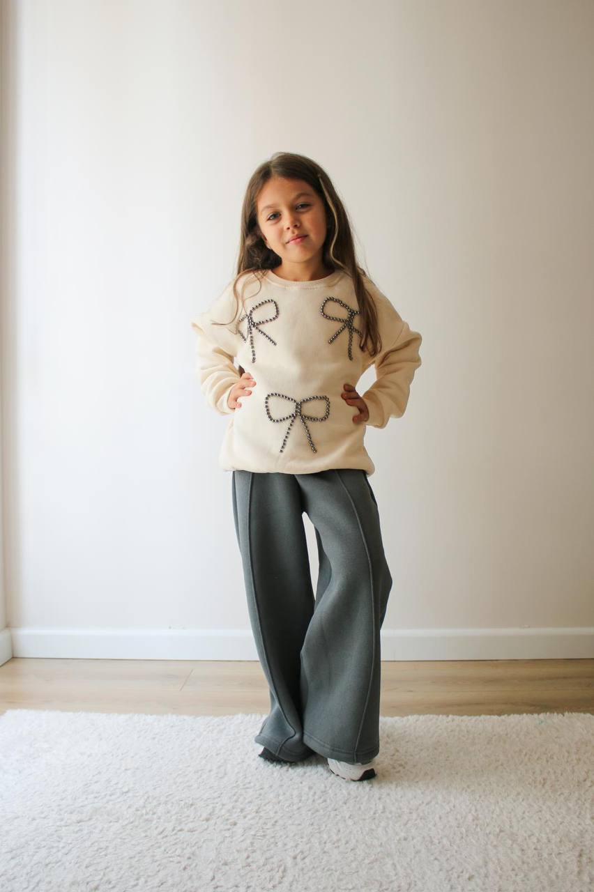 Kız Çocuk Ekru Fiyonklu Taşlı Alt-Üst Takım