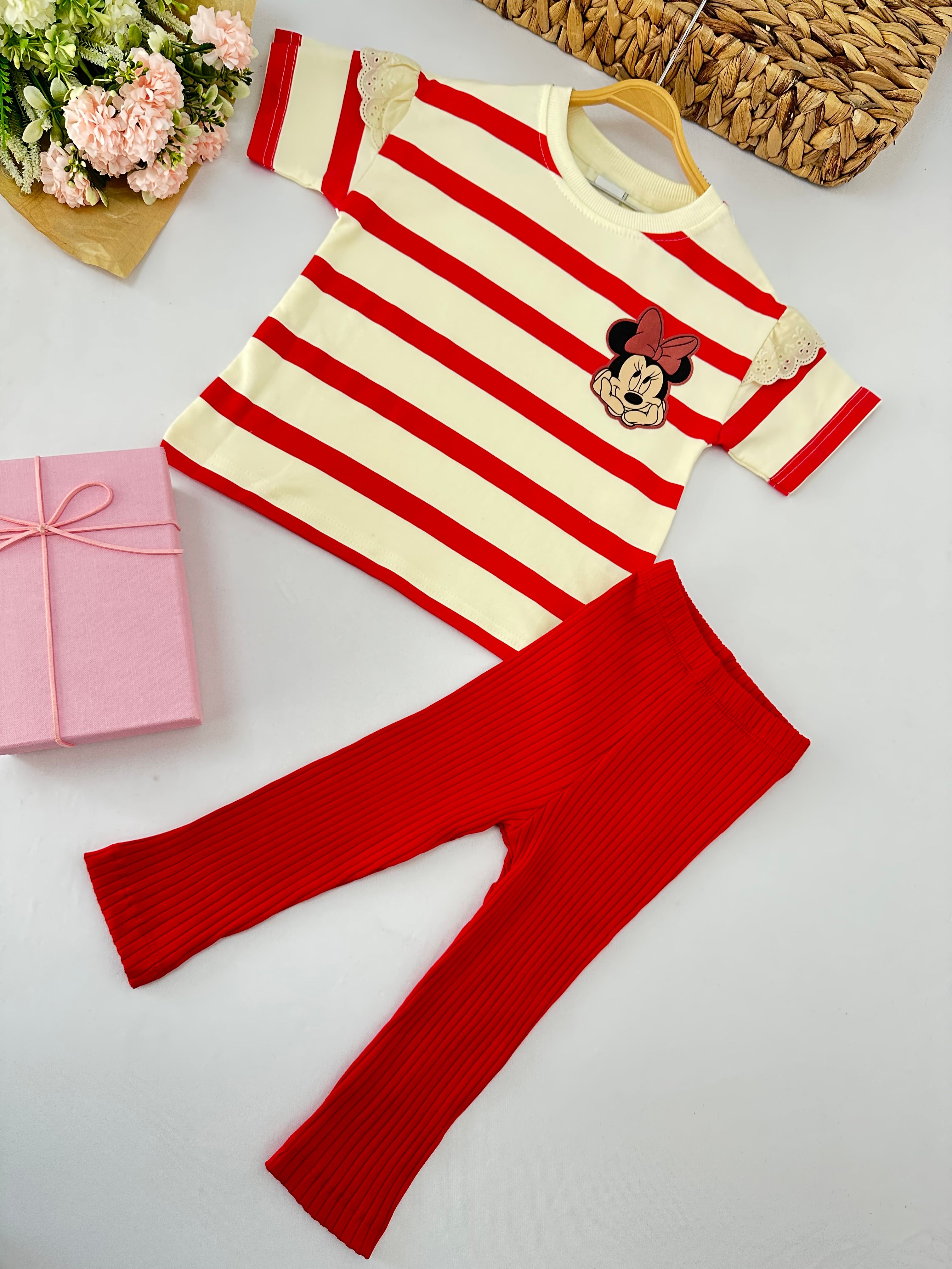 Kız Çocuk Kırmızı Çizgili Minnie Taytlı Takım