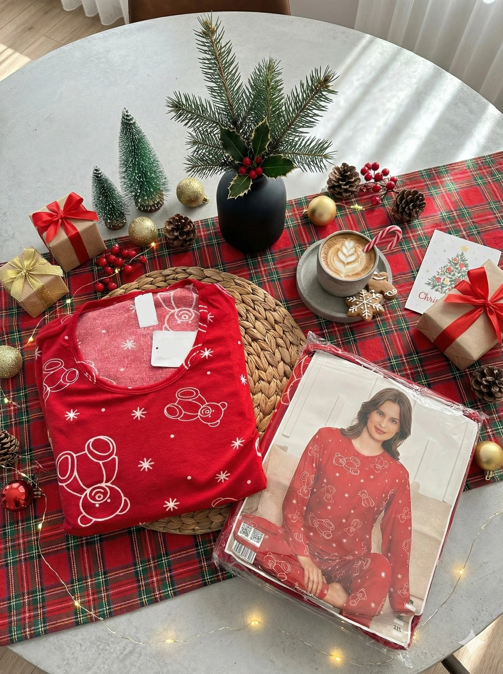 Kadın Kırmızı Ayıcık Desenli Süet Pijama Takımı