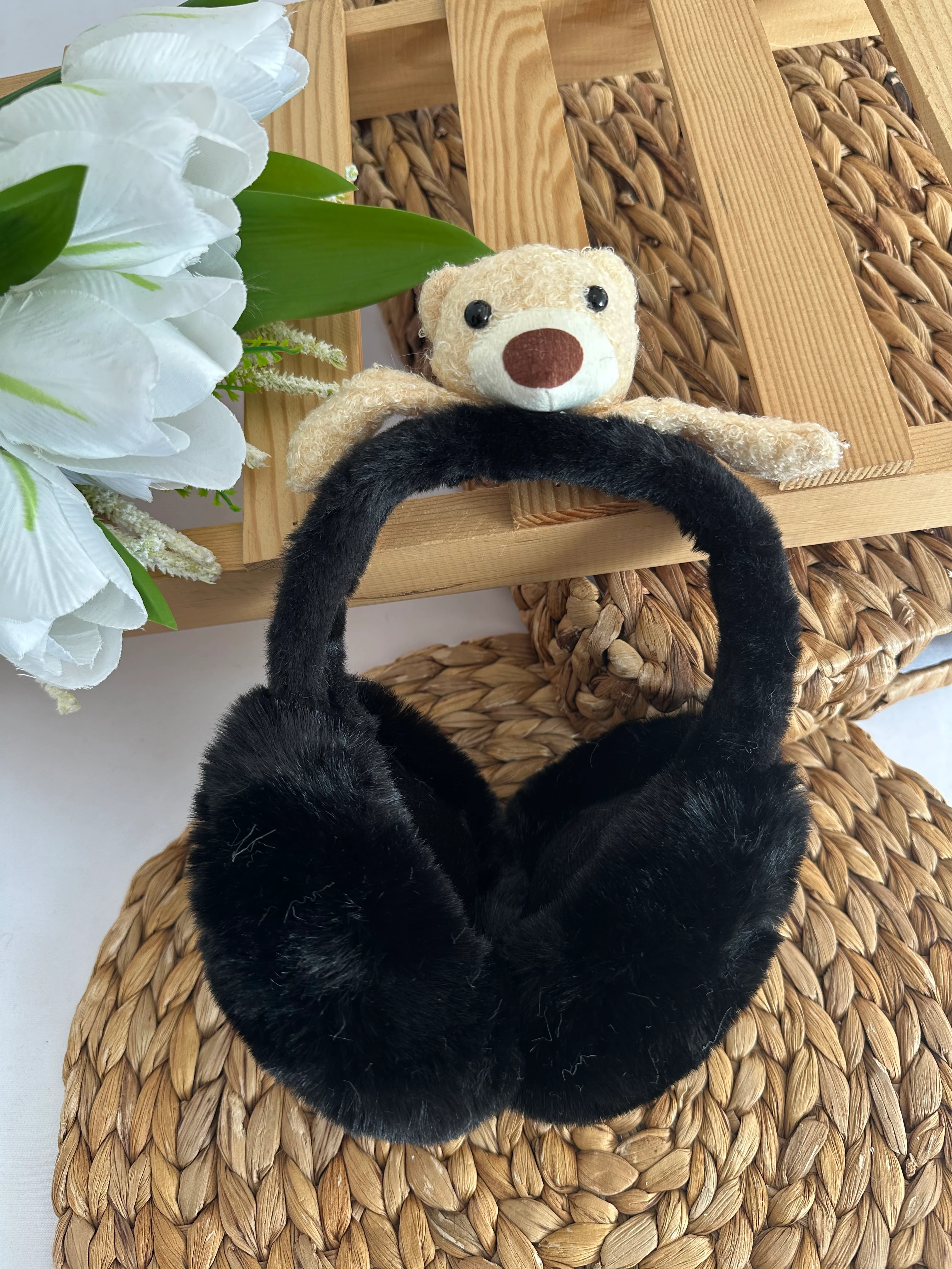 Kız Çocuk Siyah Ayıcıklı Peluş Kulaklık