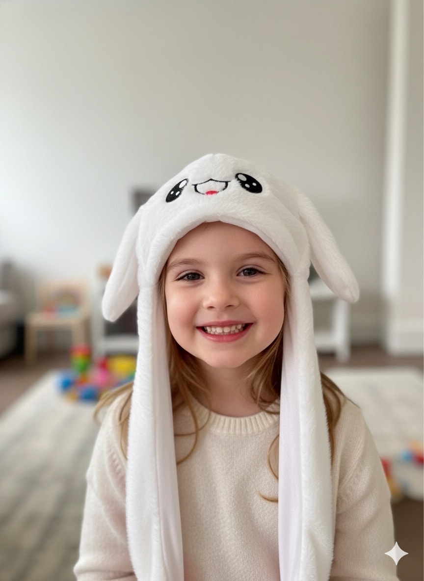 Kız Çocuk Beyaz Tavşan Peluş Şapka Kulaklık