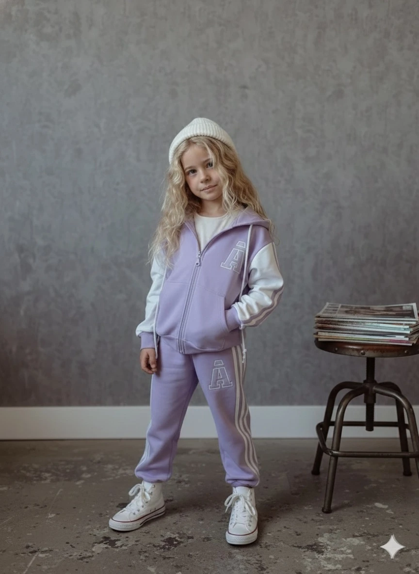 Kız Çocuk Lila A Harf Desenli 2'li Takım