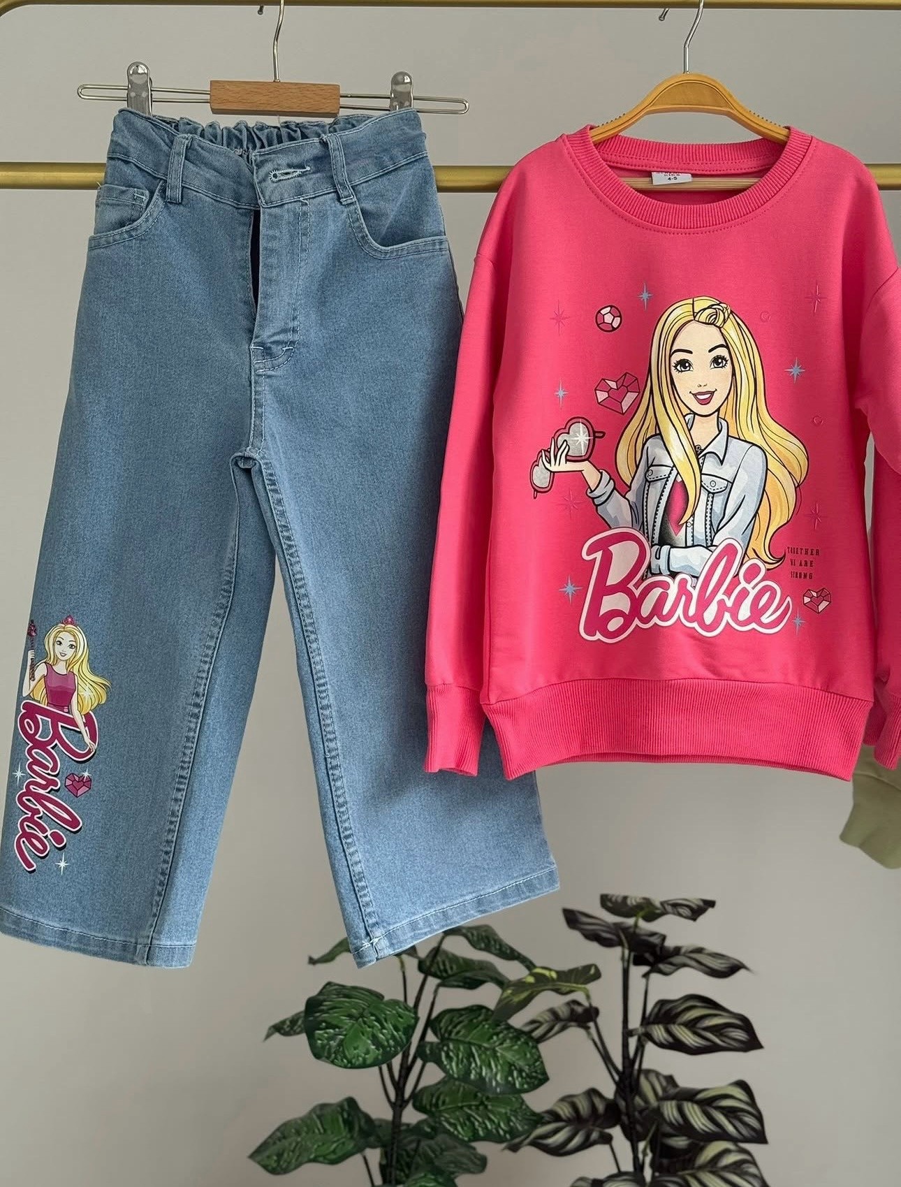 Kız Çocuk Fuşya Barbie Kot Pantolon Sweat 2’li Takım 