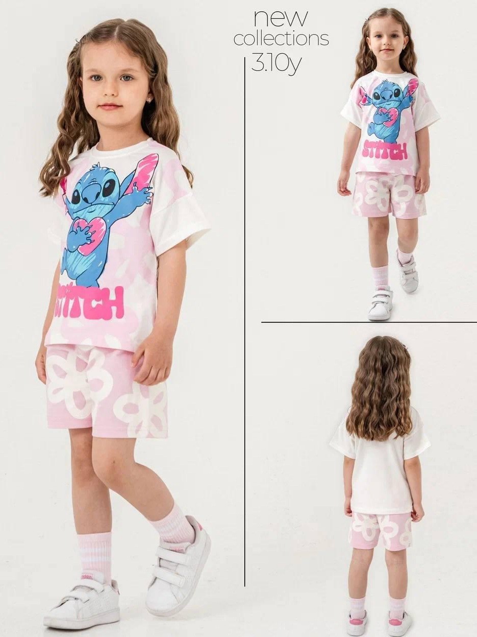Kız Çocuk Pembe Çiçekli Stitch Takım