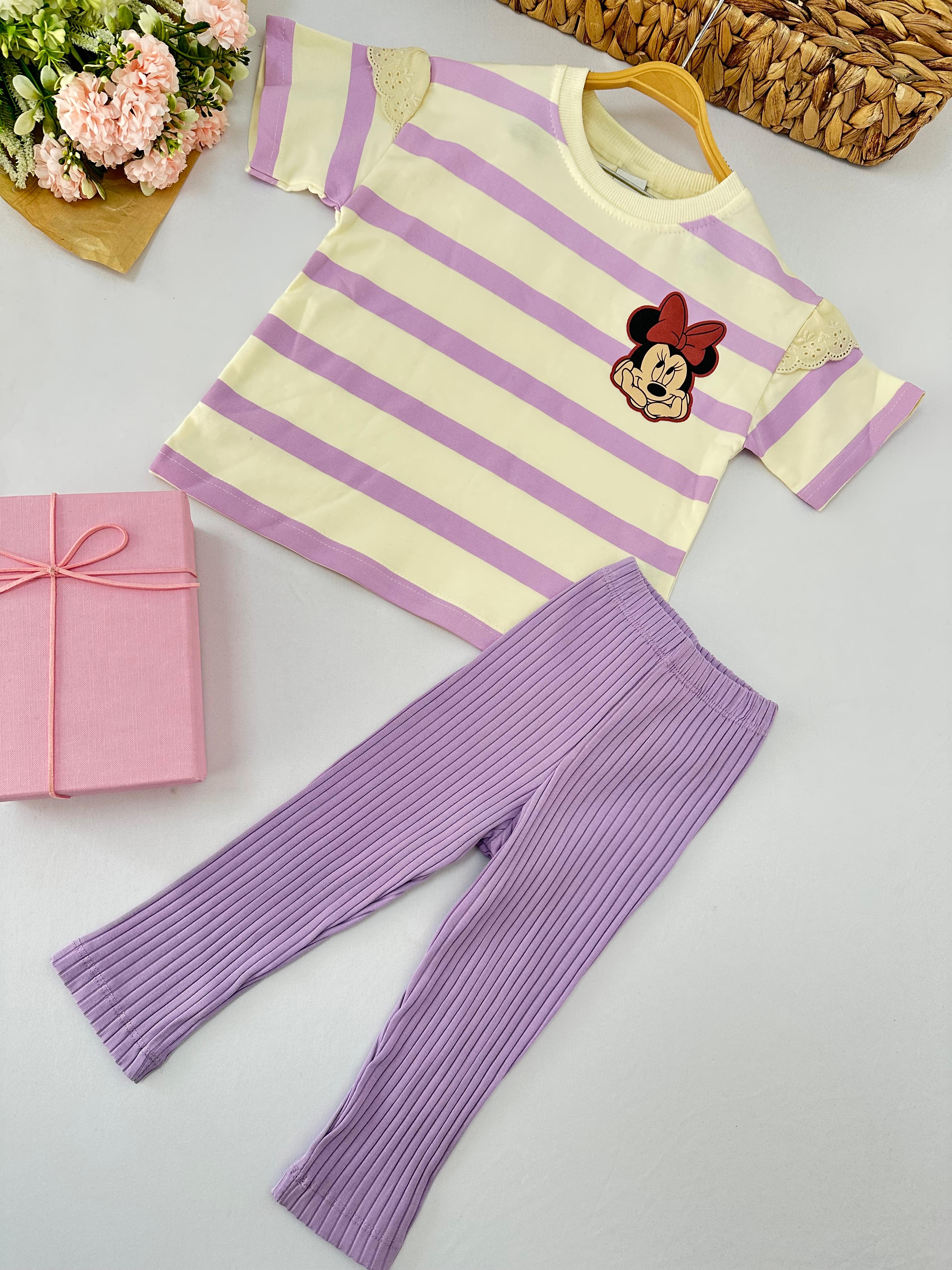 Kız Çocuk Lila Çizgili Minnie Taytlı Takım