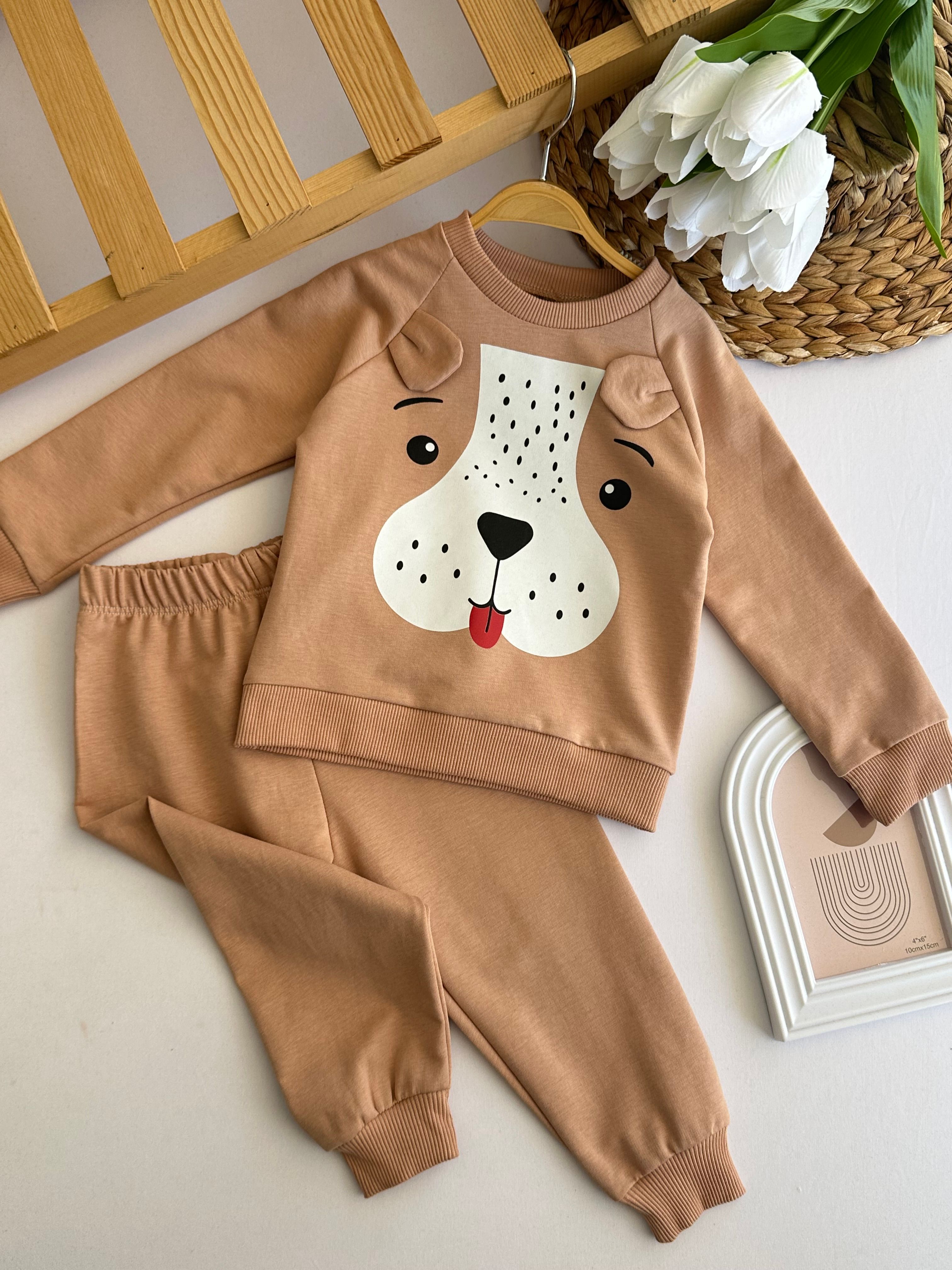 Unisex Sütlü Kahve Köpekcik Baskılı Takım