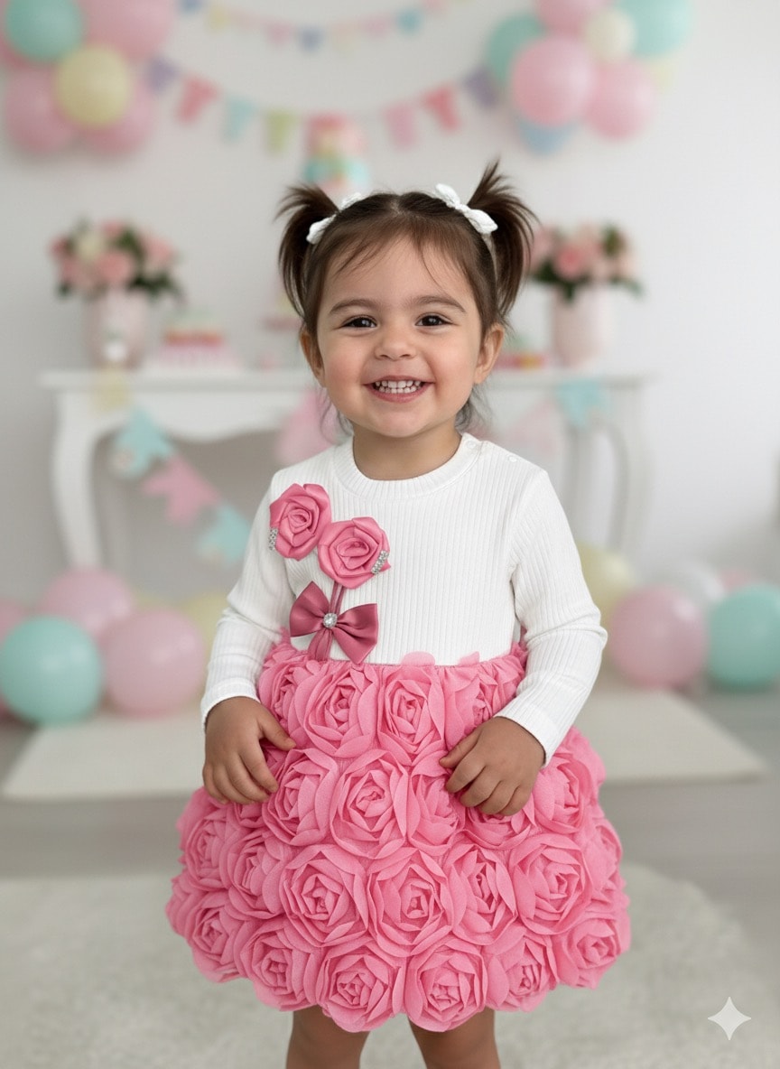 Kız Çocuk Pembe Çiçek İşlemeli Kabarık Etekli Takım