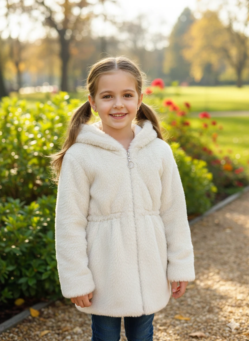 Kız Çocuk Ekru Peluş Kürk Mont