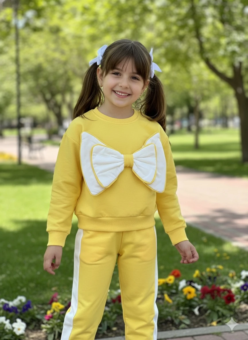 Kız Çocuk Sarı Büyük Fiyonklu Takım 