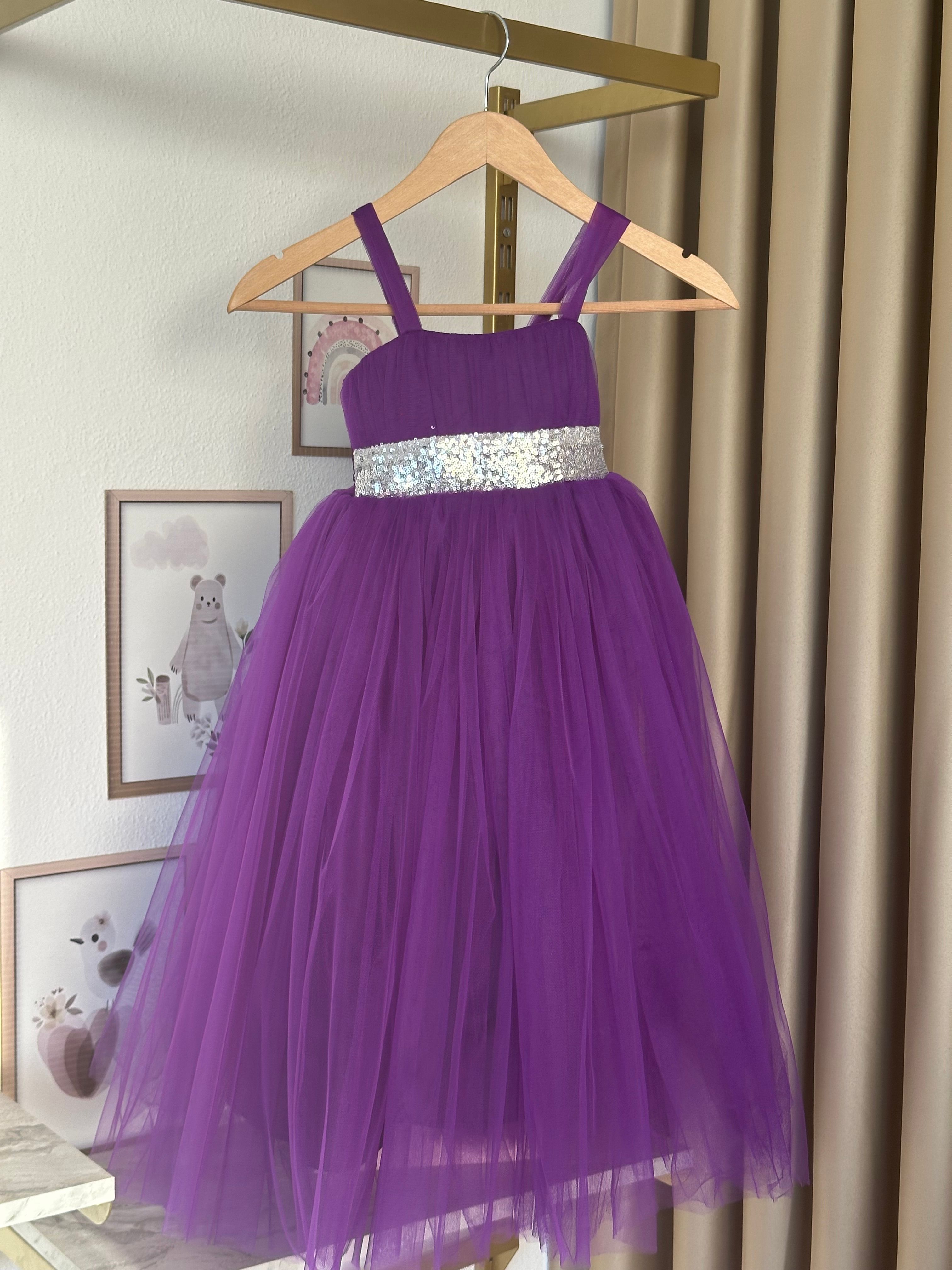 Kız Çocuk Mor Beli Pullu Tüllü Uzun Abiye Elbise