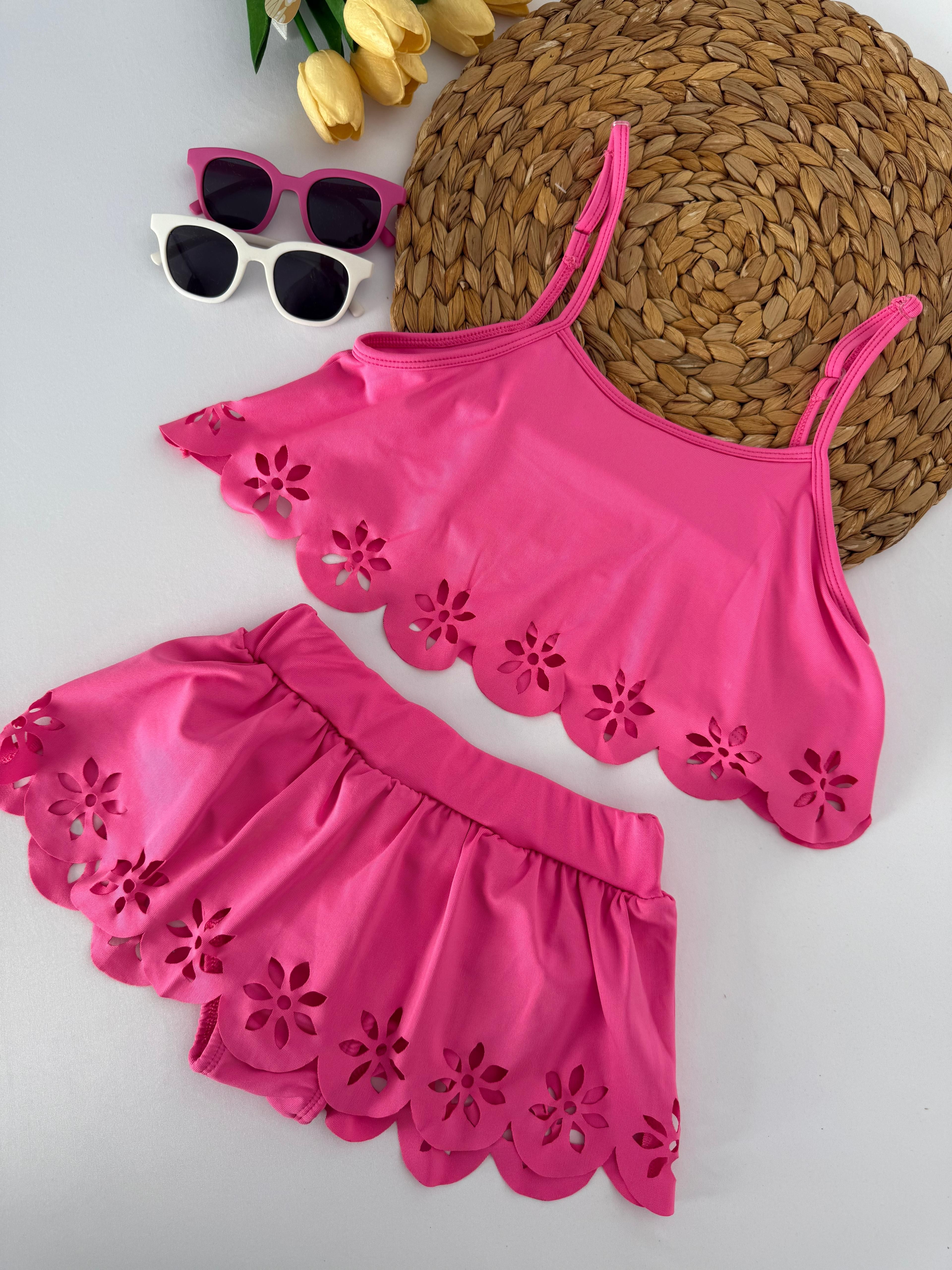 Kız Çocuk Fuşya Pileli Etekli Çiçekli Bikini Takımı