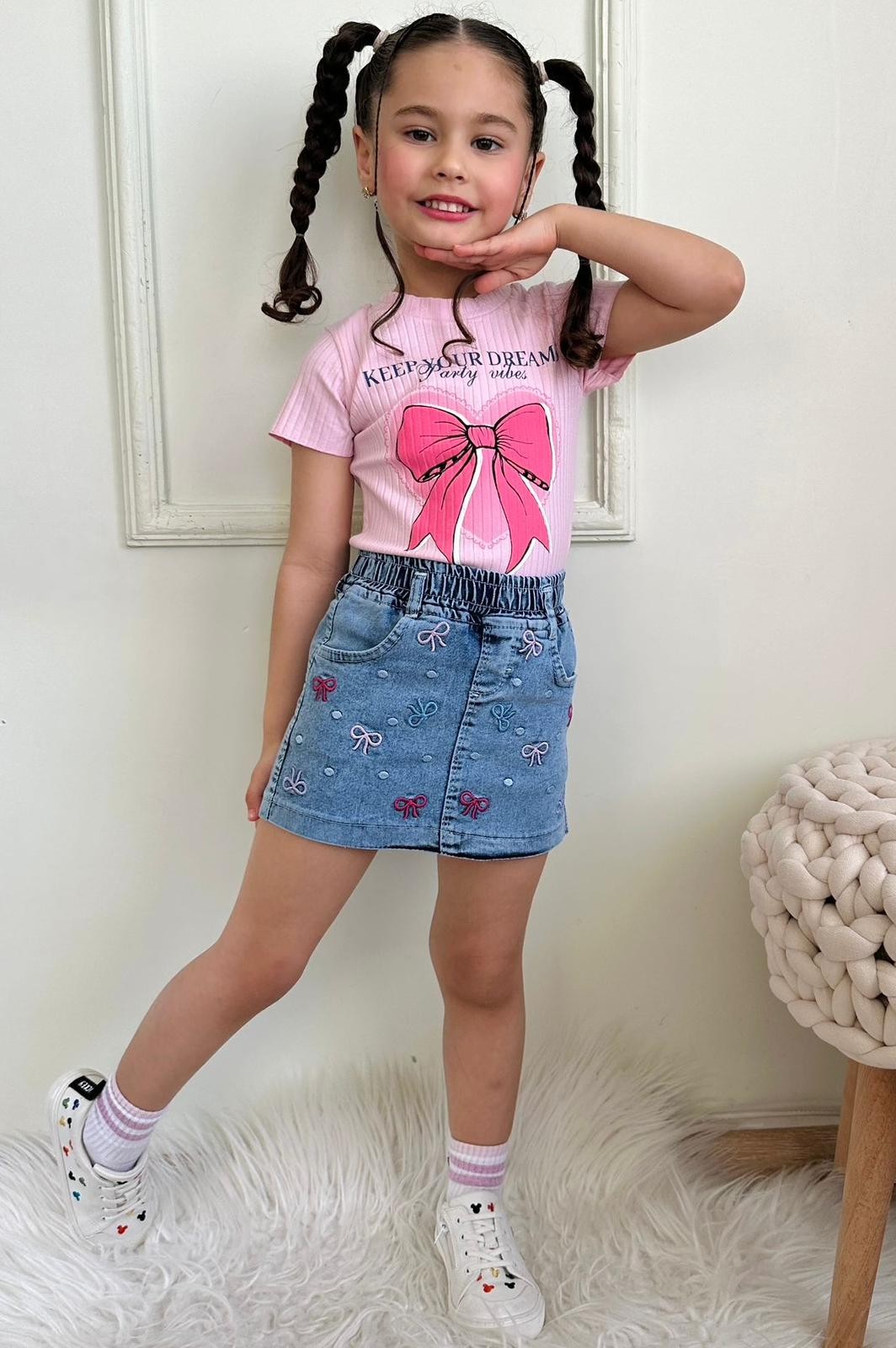 Kız Çocuk Pembe Fiyonklu Kot Etekli Takım