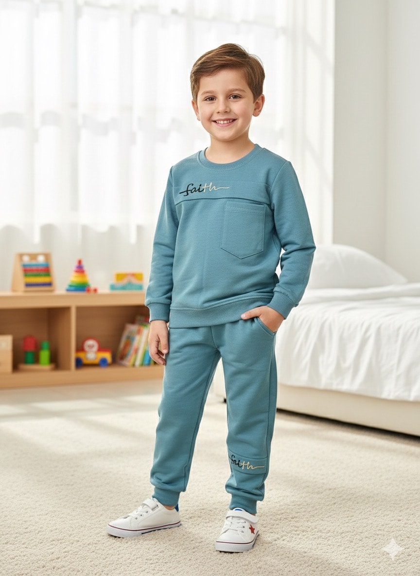 Erkek Çocuk Mavi Faith Desenli Alt-Üst Takım