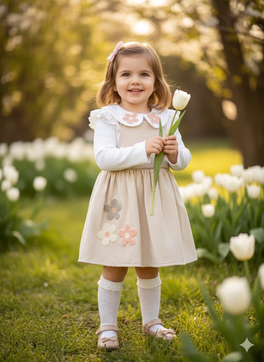 Kız Çocuk Vizon Çiçek Desenli Salopet Elbise