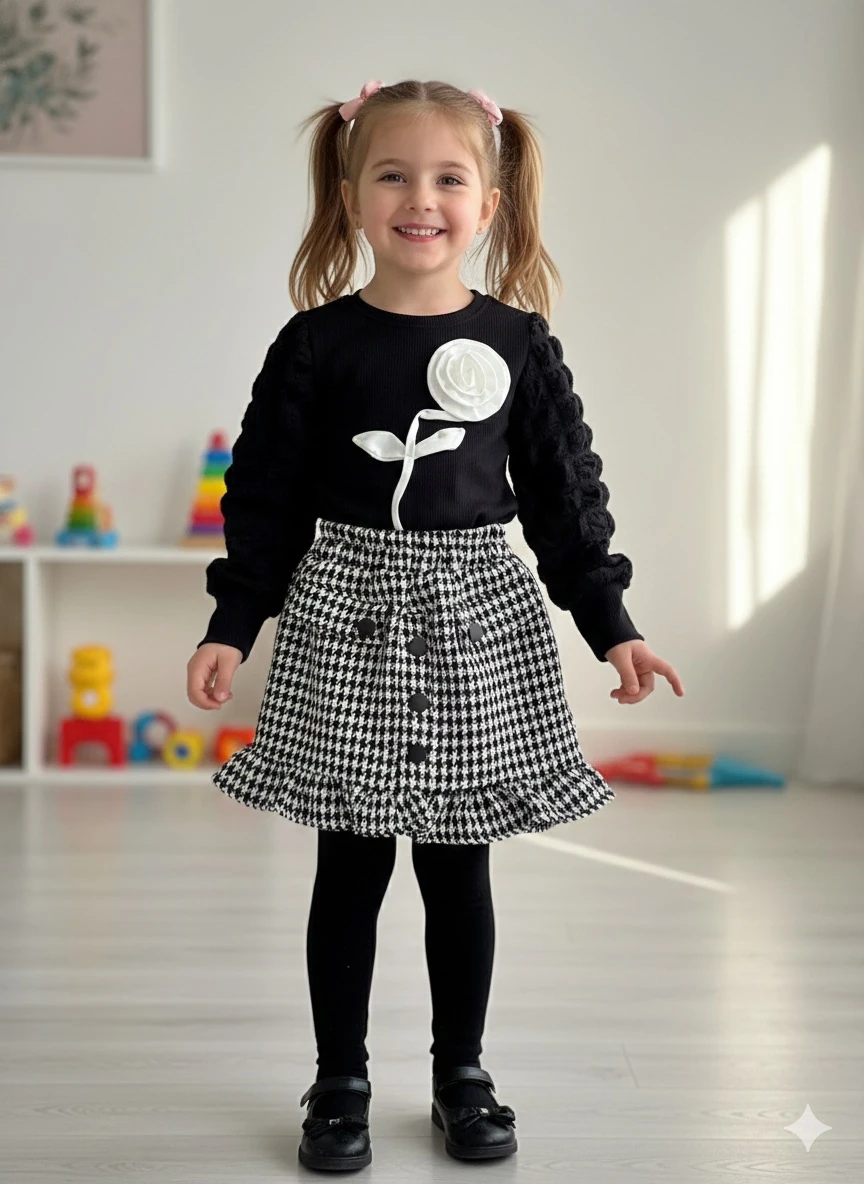 Kız Çocuk Siyah Gül Detaylı Etekli Takım