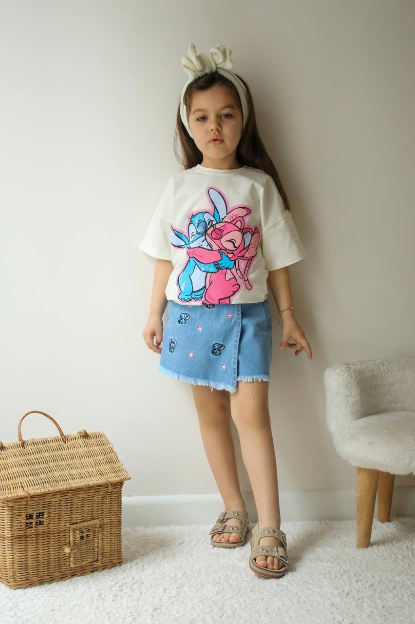Kız Çocuk Ekru Stitch Kot Şort Etek Takım