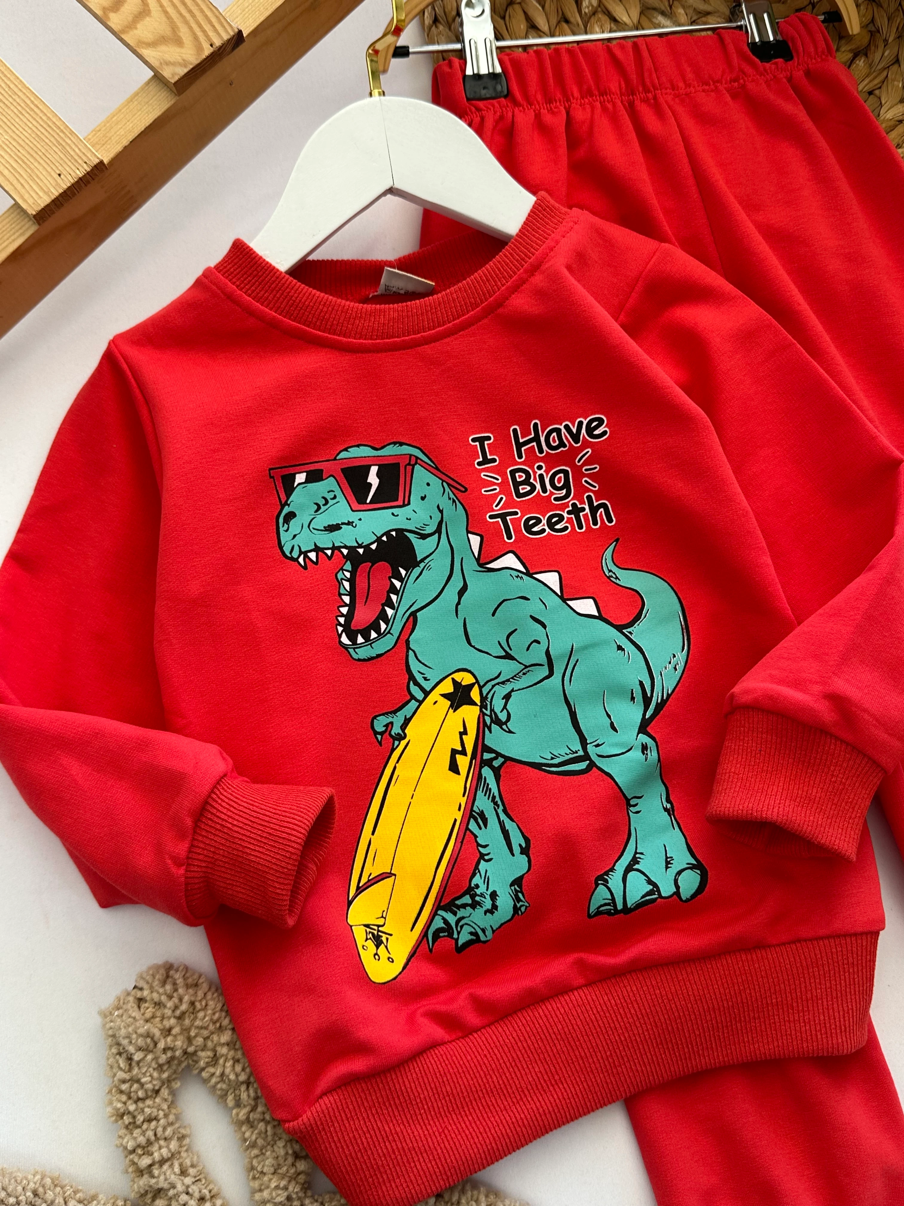 Erkek Çocuk Kırmızı Dinozor Baskılı Takım 