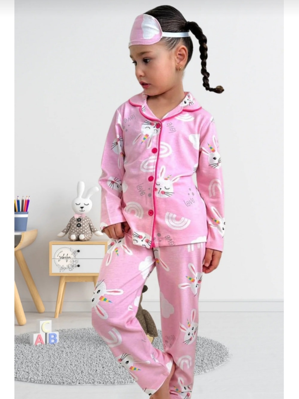 Kız Çocuk Pembe Tavşan Desenli Pijama Takımı