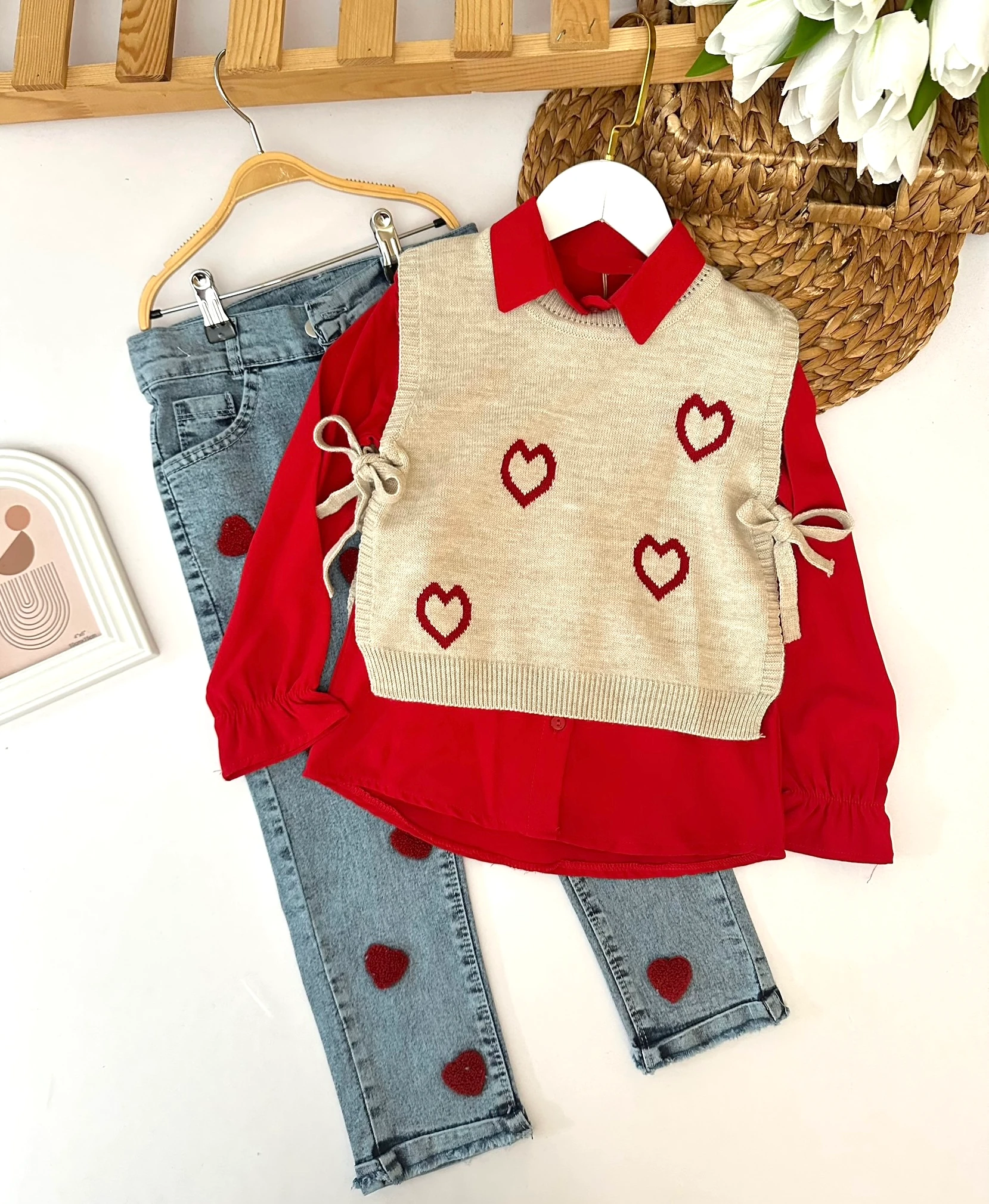 Kız Çocuk Kırmızı Kalp Trikolu 3'lü Takım