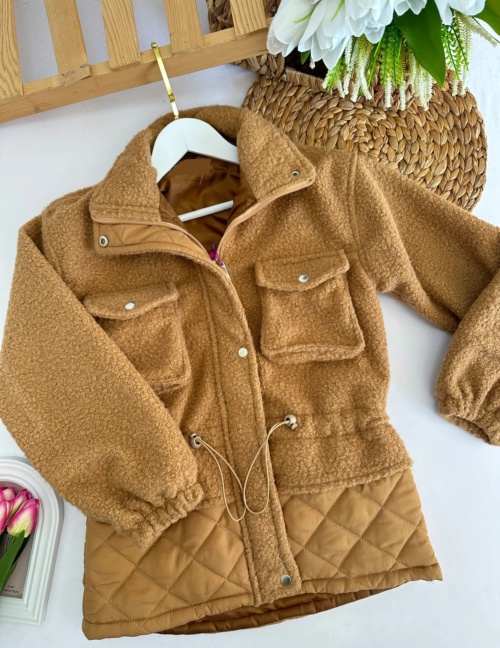 Kız Çocuk Kahverengi  Cep Detaylı Mont