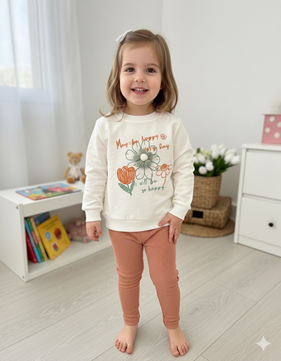 Kız Çocuk  Somon Çiçek Nakışlı 2'li Takım