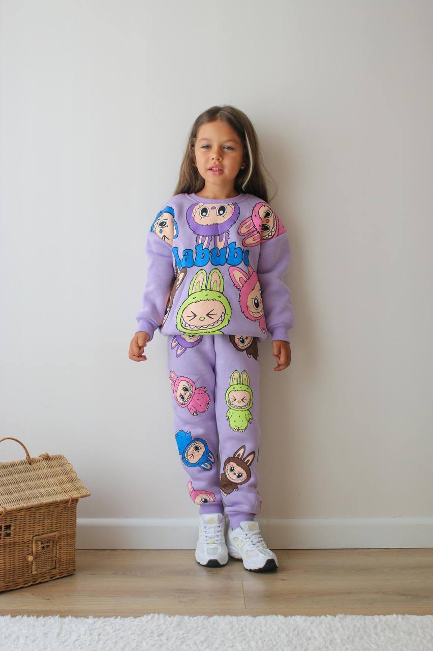 Kız Çocuk Mor Labubu Renkli Alt-Üst Takım