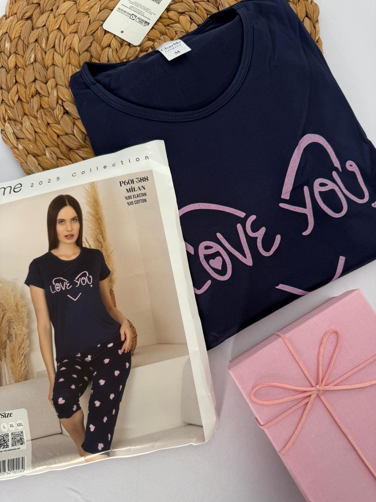 Lacivert Love You Kaprili Kadın Pijama Takımı