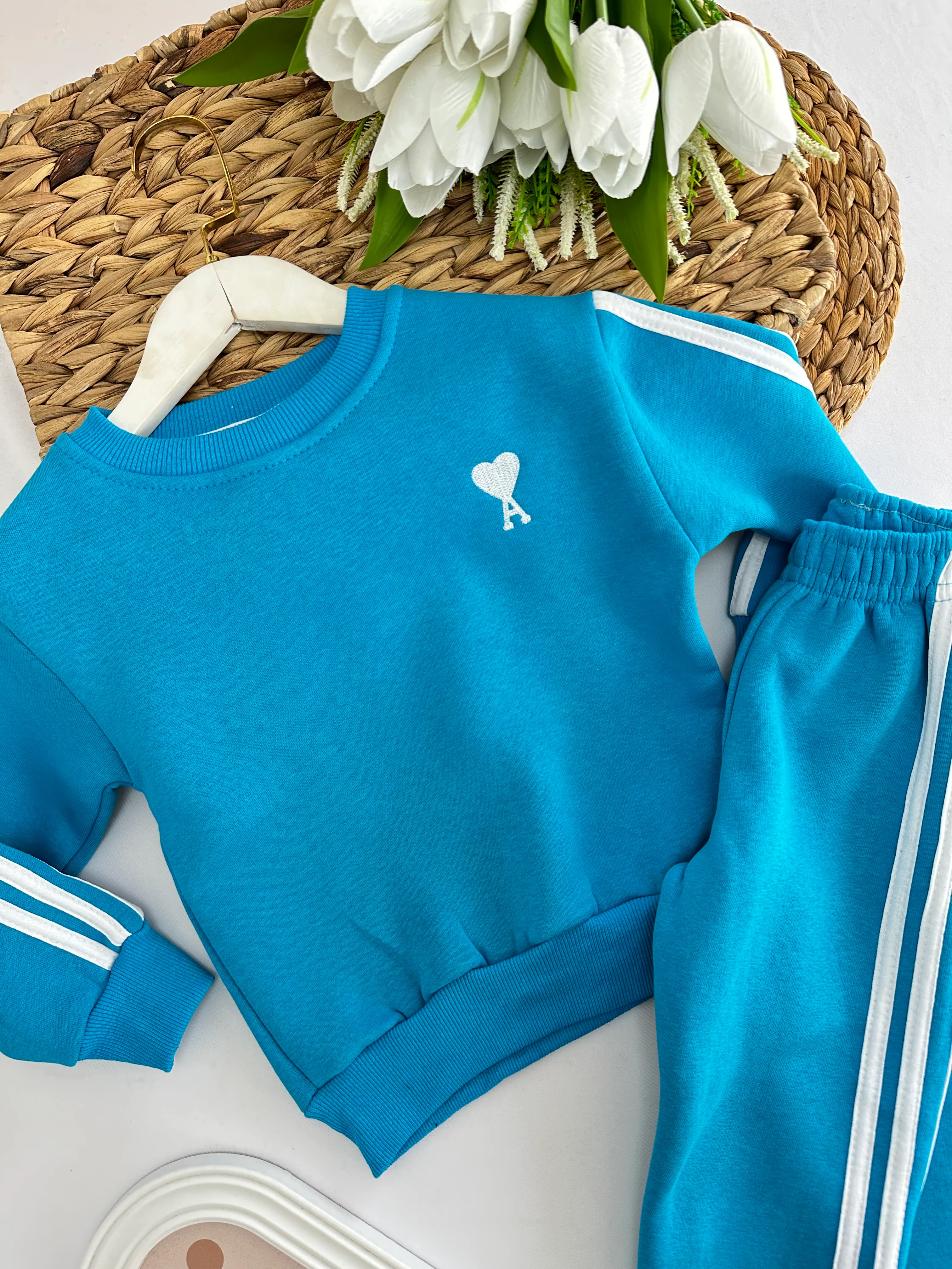 Mavi A Kalp Nakışlı 2'li Takm