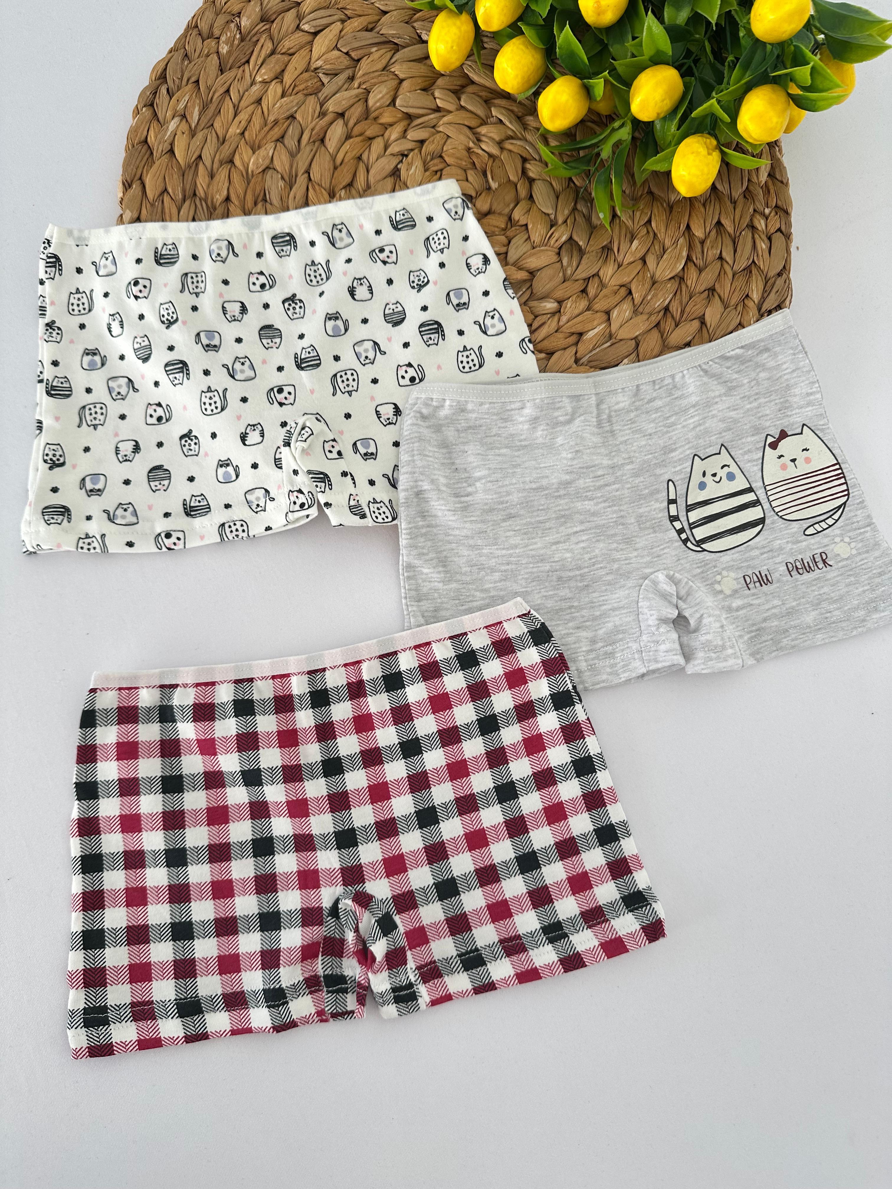 Kız Çocuk Kareli Kedicik Desenli 3’lü Boxer Set