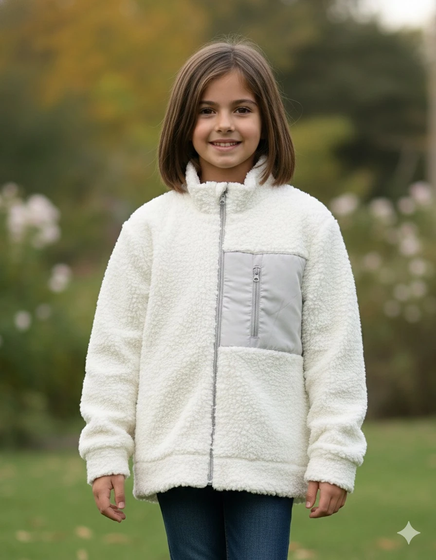 Kız Çocuk Beyaz Gri Cepli Peluş Hırka