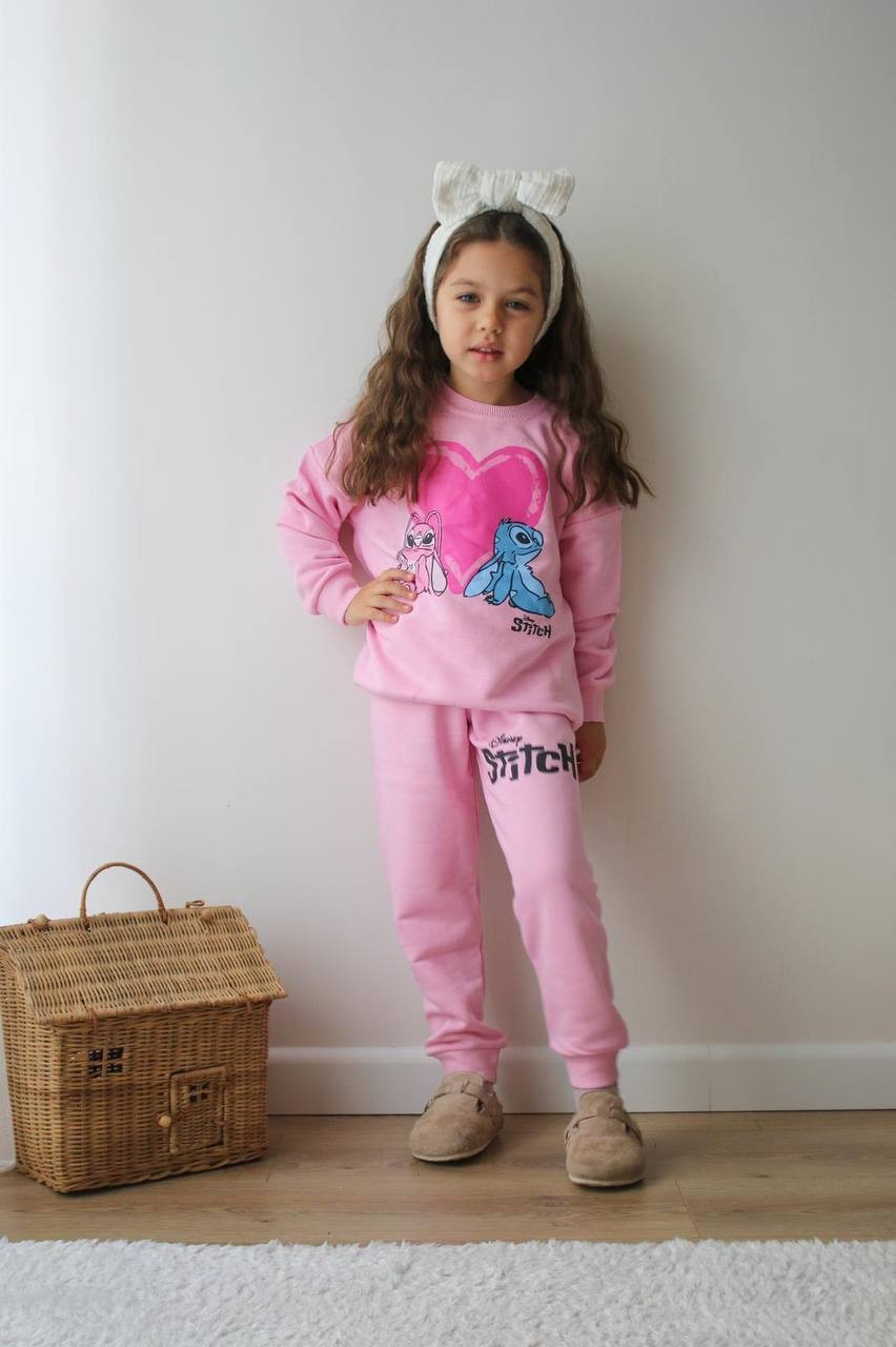 Kız Çocuk Pembe Kalpli Stitch Takım