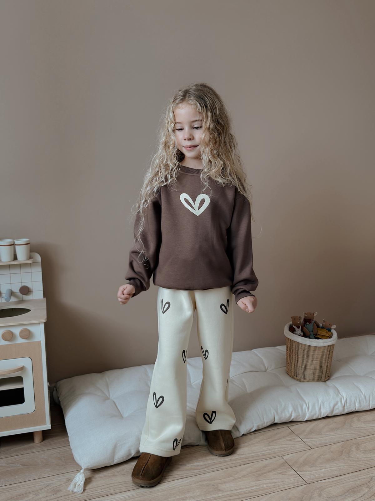 Kız Çocuk Kahverengi Kalp Desenli Alt-Üst Takım