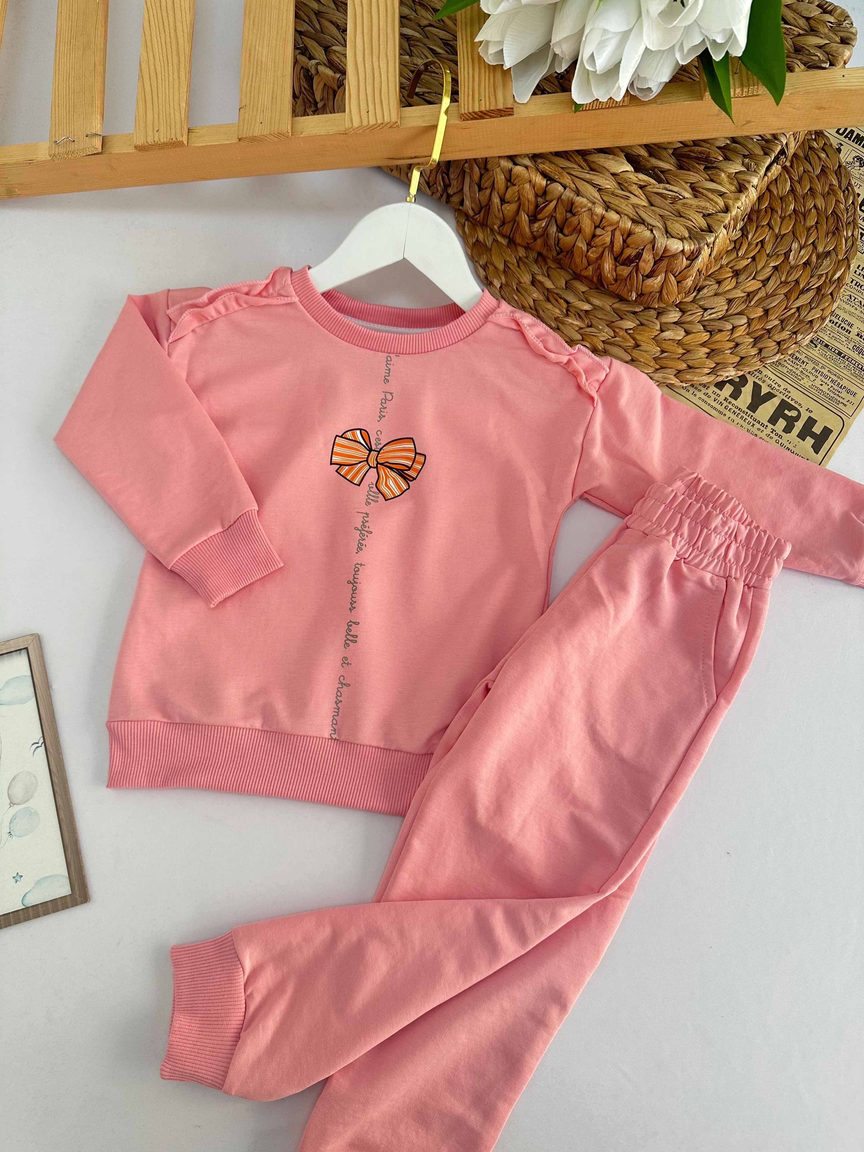 Kız Çocuk Pembe Kurdele Detaylı Takım