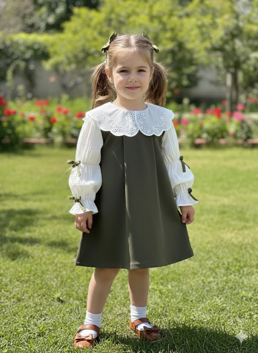 Kız Çocuk Haki Bebe Yaka Kolları Fiyonk Süet Elbise