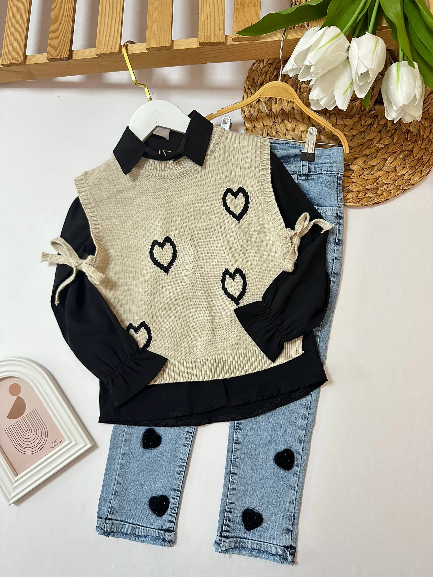 Kız Çocuk Siyah Kalp Trikolu 3'lü Takım