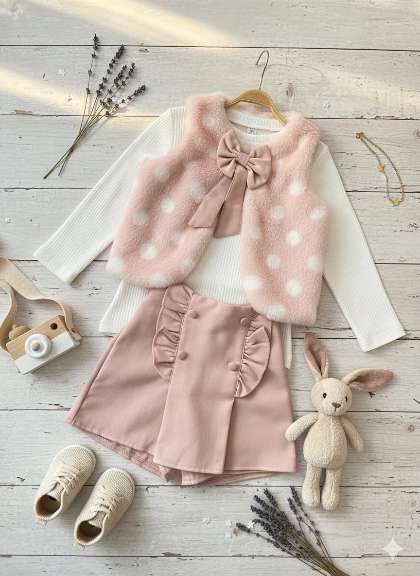 Kız Çocuk Toz Pembe Peluş Yelek Şort Etekli Takım