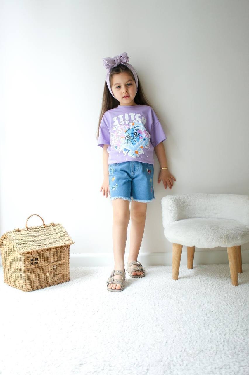 Kız Çocuk Lila Stitch Kot Şortlu Takım