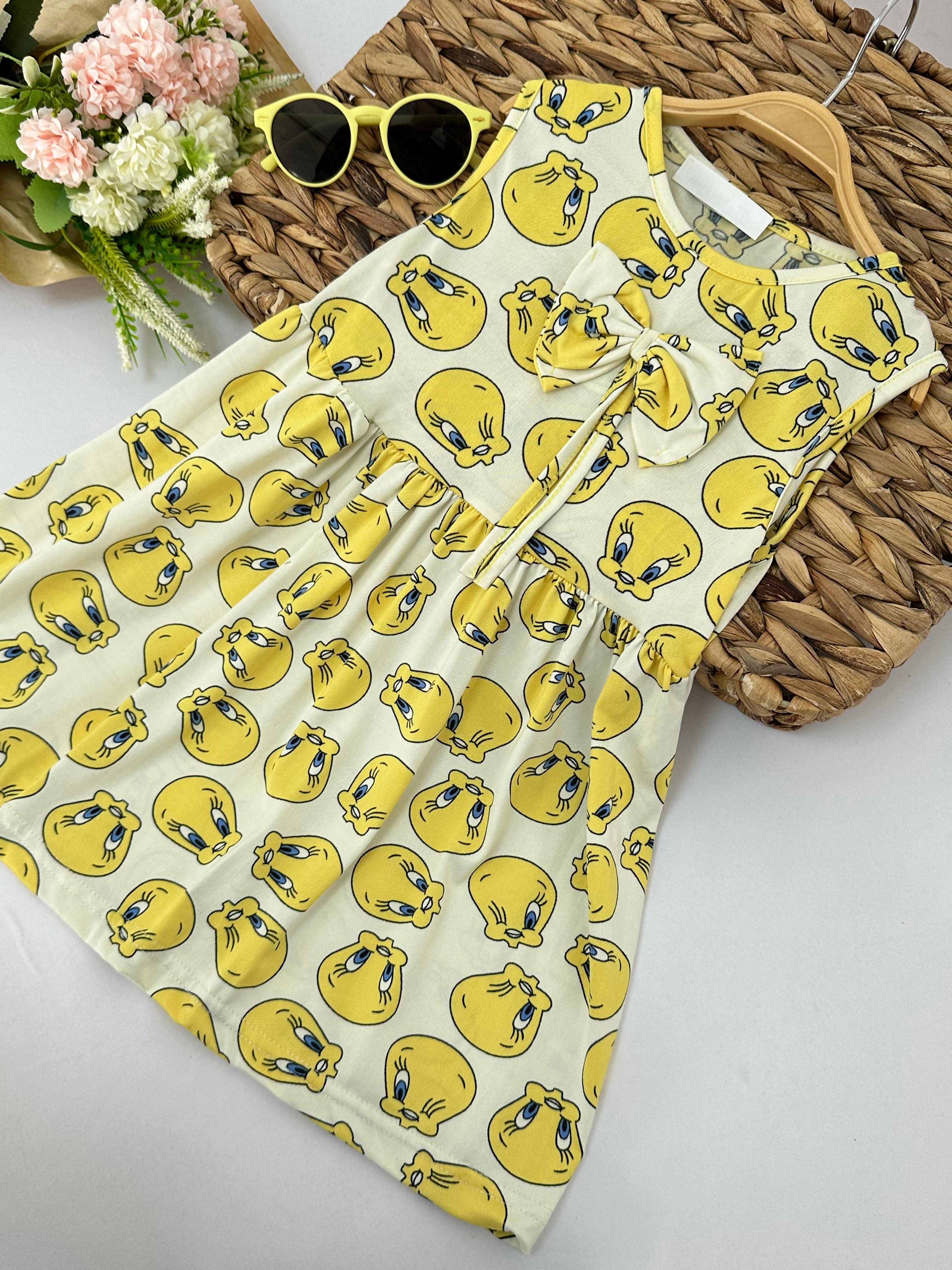Kız Çocuk Tweetty Desenli Fiyonklu Elbise