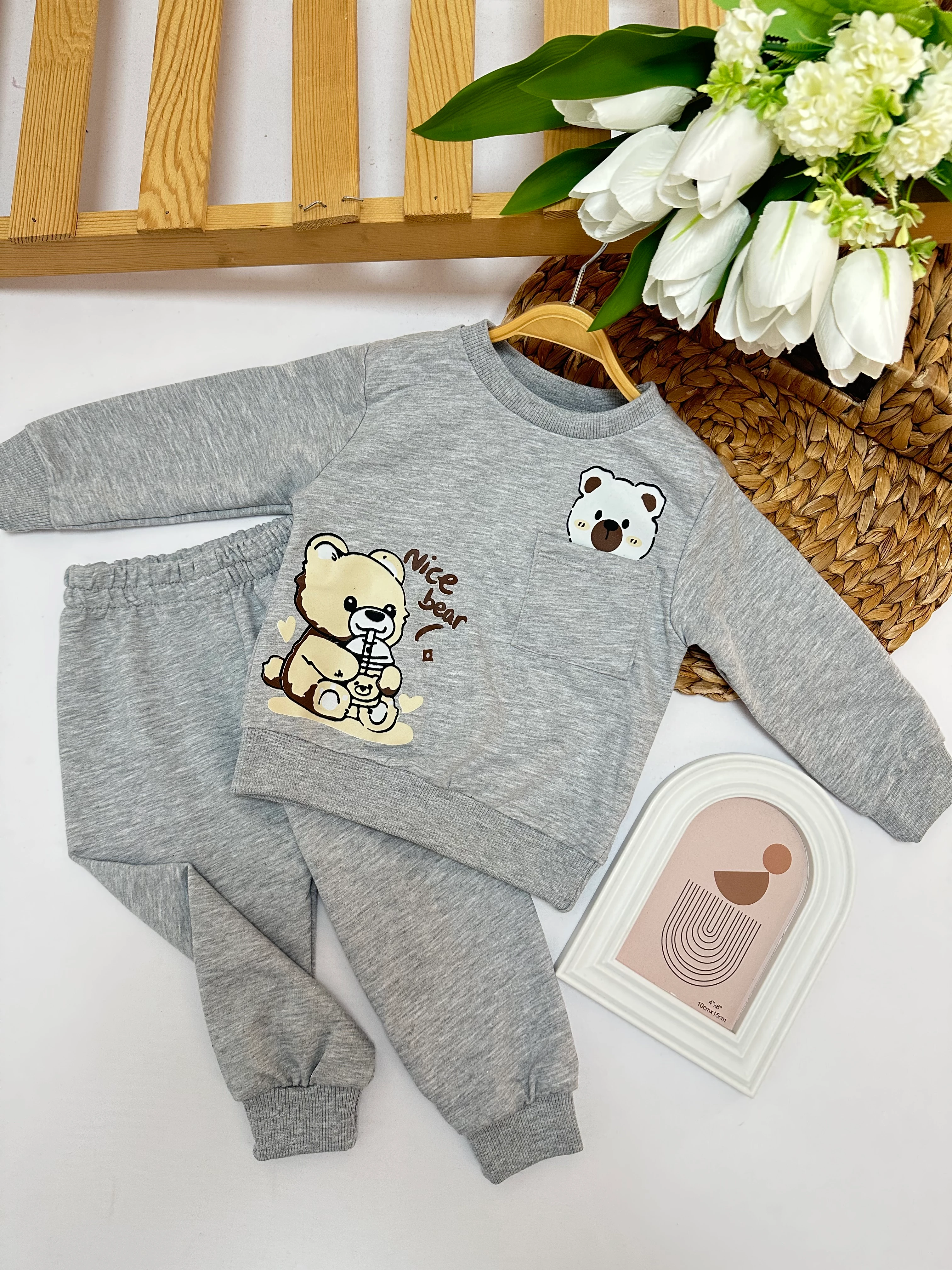 Erkek Çocuk Gri Cepli Ayıcık Takım
