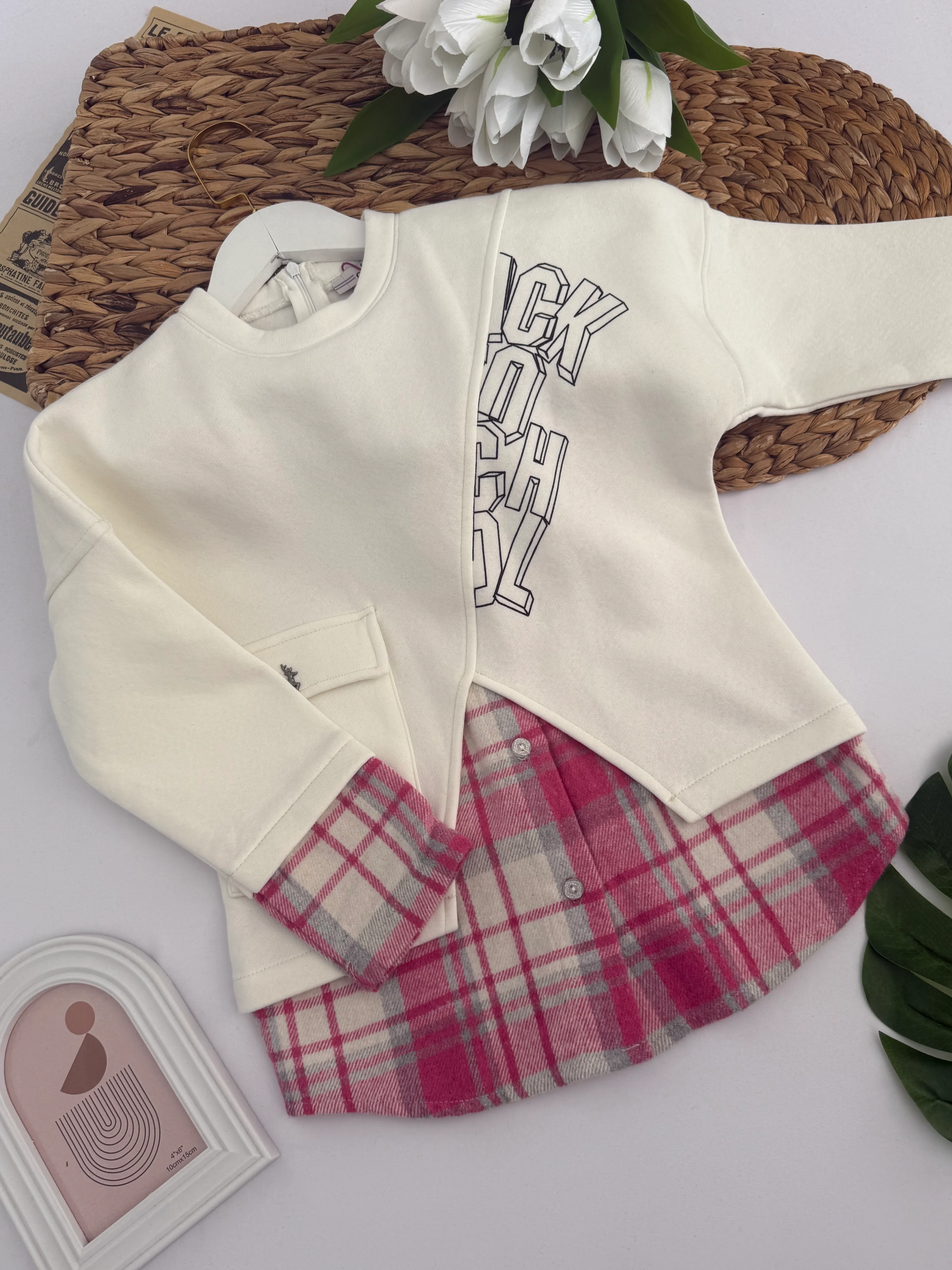 Kız Çocuk Beyaz Pembe Gömlek Detaylı Sweat