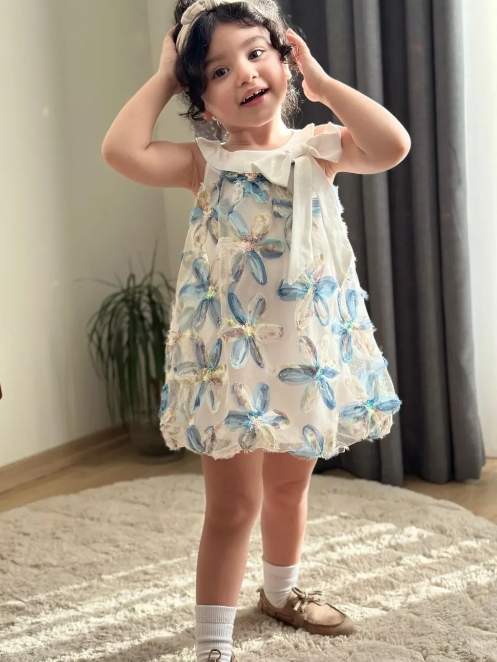 Kız Çocuk Mavi Çiçekli Balon Elbise