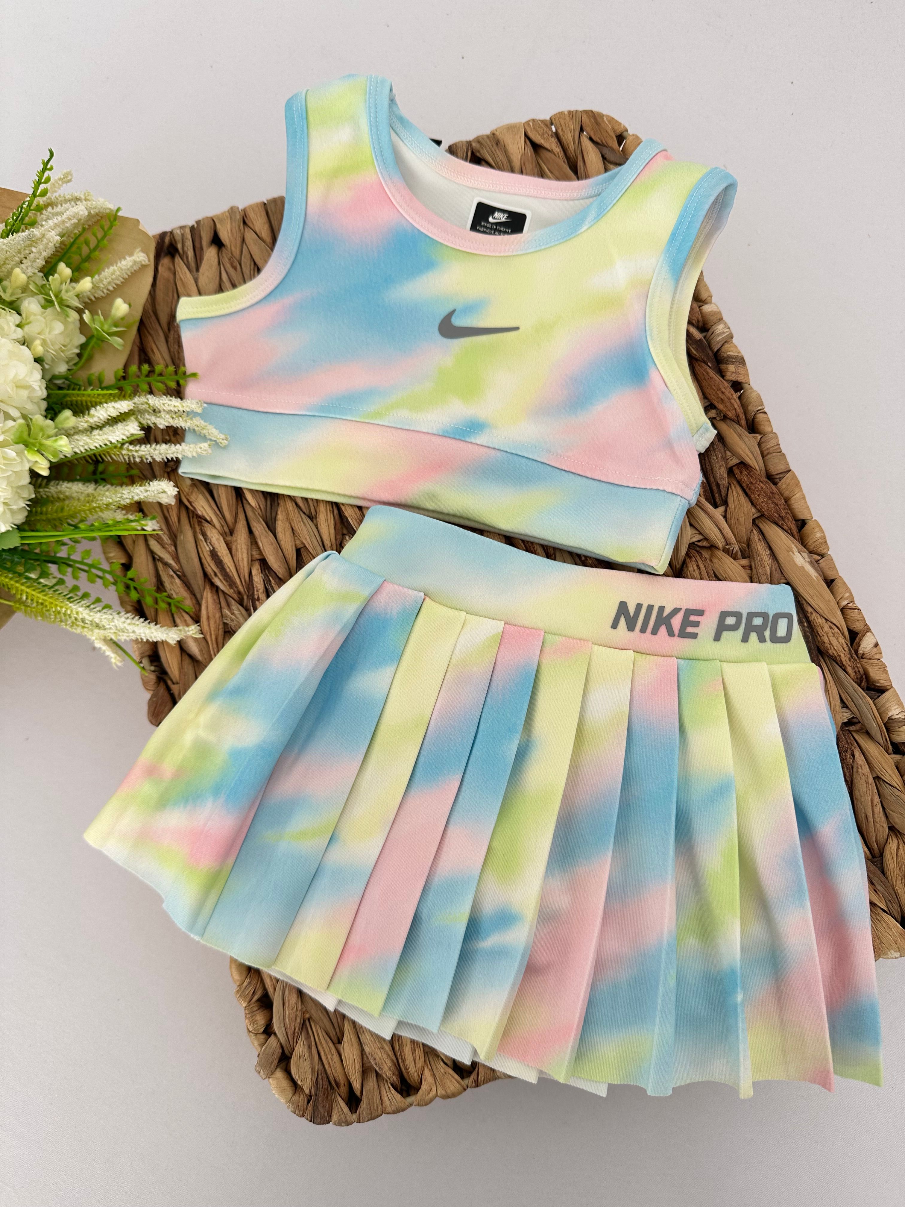 Mavi Yeşil Batik Desenli Nike Pro Crop Şort Etek Mayo
