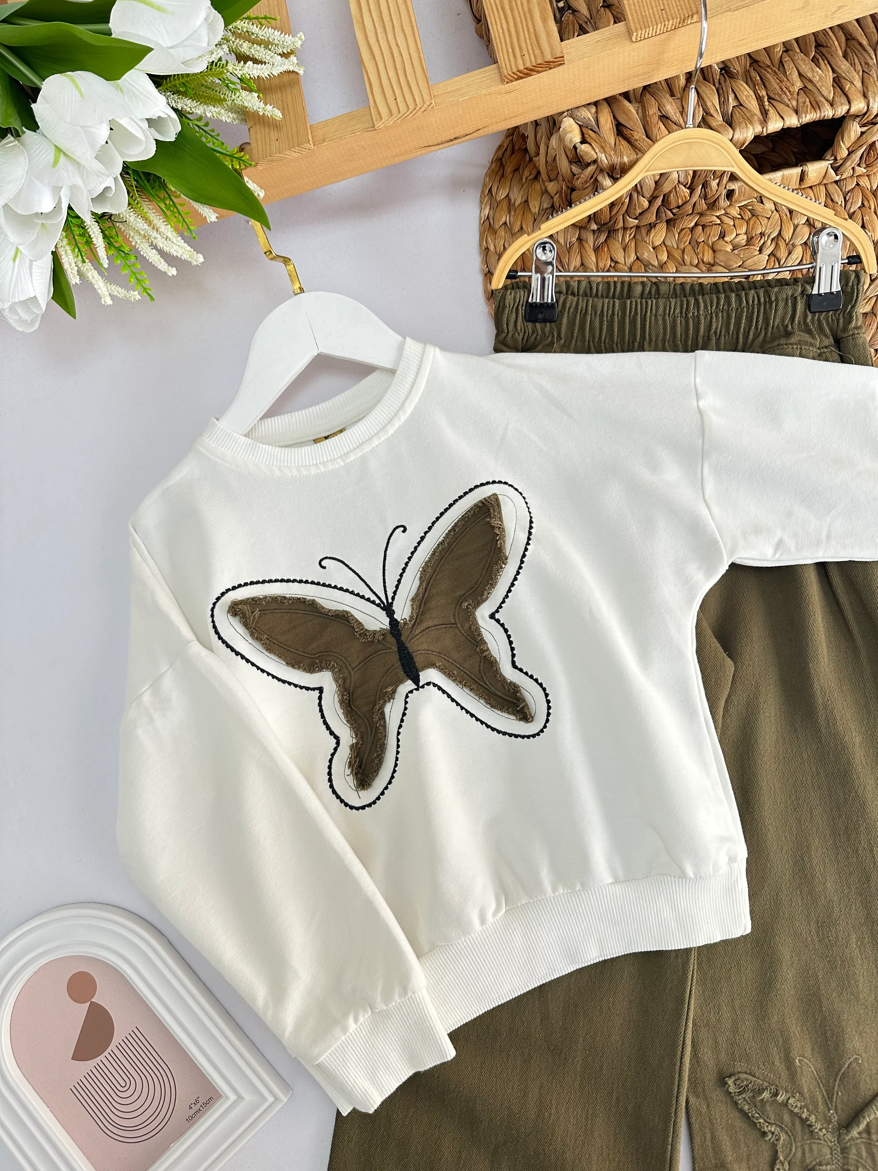 Kız Çocuk Haki Kelebek Pantolonlu Takım